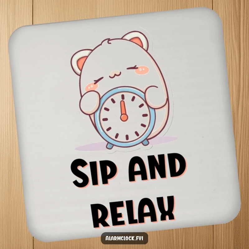 Funny drink coaster featuring a happy character snoozing with a finger on a silent alarm clock.