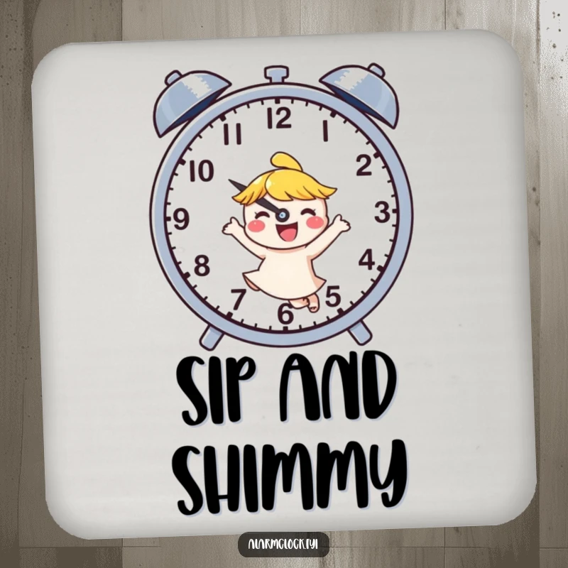 Funny coaster image of a joyful character dancing next to buzzing clock hands, humorously protecting surfaces.