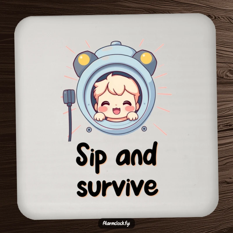 Funny drink coaster with a smiling character peeking from behind a giant, blaring alarm clock, adding a touch of playful humor.