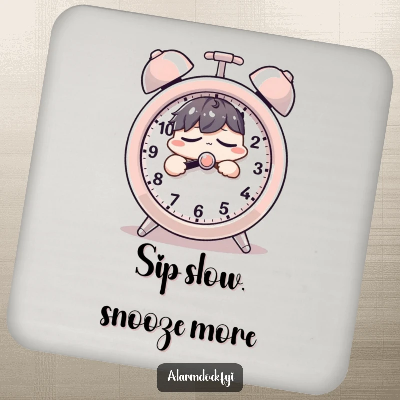 Funny drink coaster with a sleepy character groggily hitting a giant alarm clock's snooze button, adding humor to any surface.