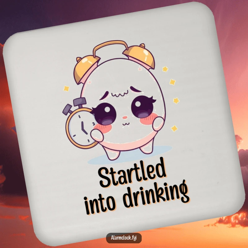 Funny Sleepy Alarm Coaster: Cute character startled awake by an alarm, a funny addition to your coaster collection.