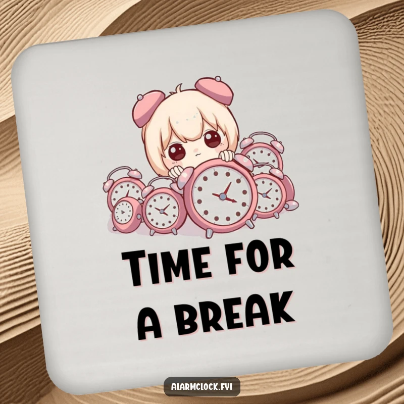 Funny drink coaster showing a character peeking from behind a pile of small alarm clocks, adding a humorous touch to any table.