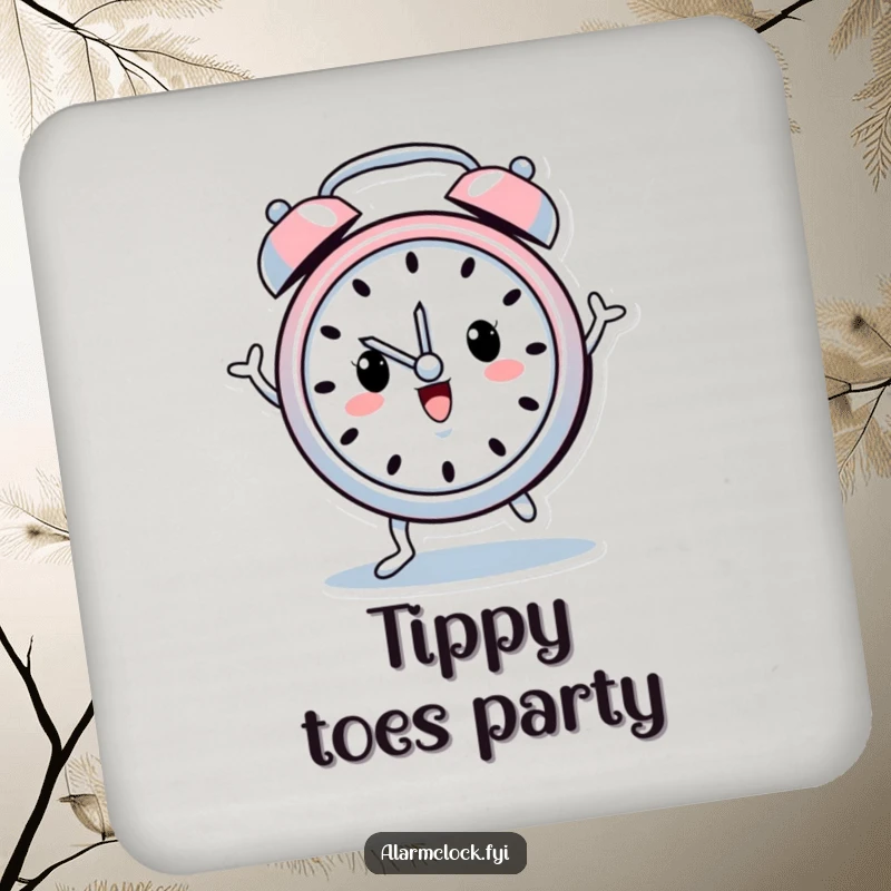 Funny coasters featuring a cheerful alarm clock character with tiny legs dancing, adding a touch of morning happiness to tabletops.