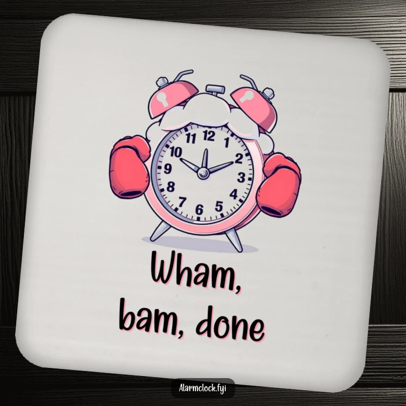 Funny coaster featuring a boxing alarm clock punching a cloud, adding humor to drink protection.