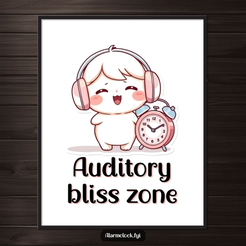 Funny poster of a giggling character wearing earmuffs while a small alarm clock rings nearby.