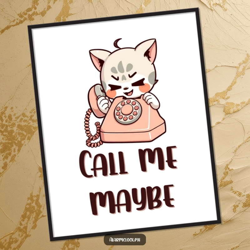 Funny poster art of a mischievous character playfully using a tiny, retro telephone, adding a humorous touch to any room.