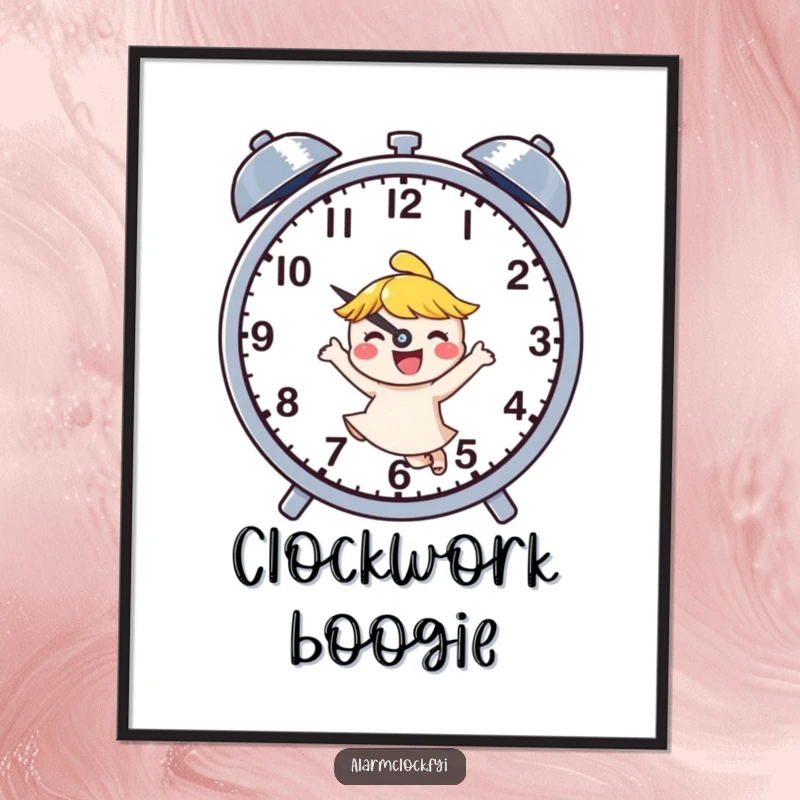 Funny poster art of a joyful character dancing energetically next to buzzing clock hands, celebrating the fun of time passing.