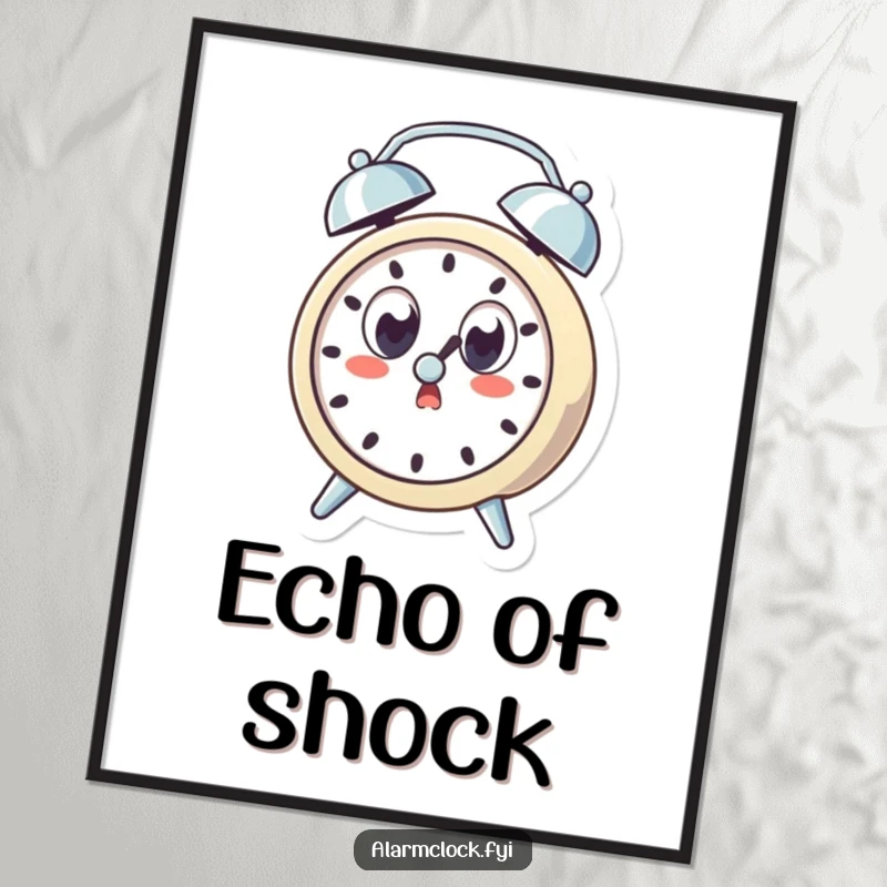 Funny poster art of a surprised alarm clock character with wide eyes, startled by its own ring, ideal for humorous wall decor.