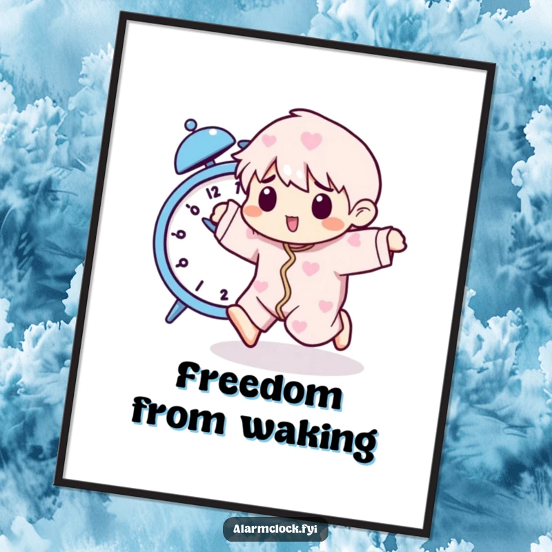 Funny poster of a pajama-clad character playfully running from a buzzing alarm clock, perfect for humorous decor.