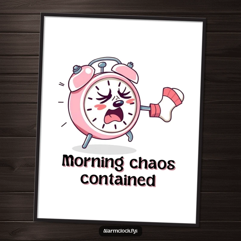 Funny poster print of a sweating alarm clock being chased by a rogue sock, creating a humorous and energetic wall art piece.