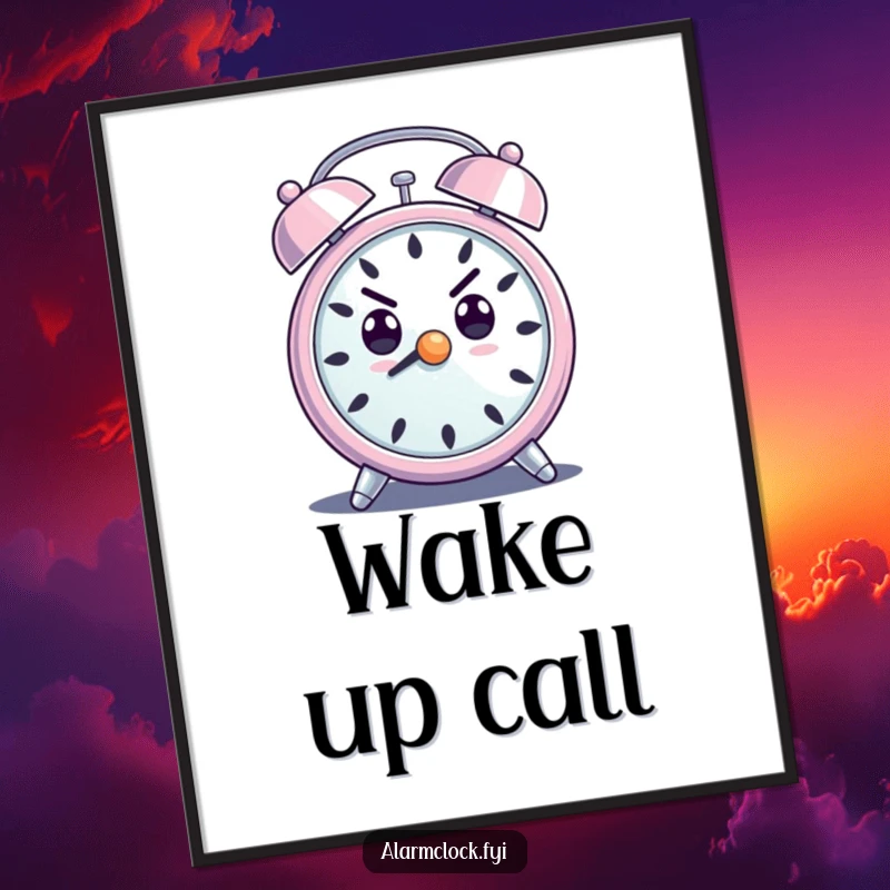 Funny poster of a determined alarm clock character with a loud ring, symbolizing ambition and the start of the day.