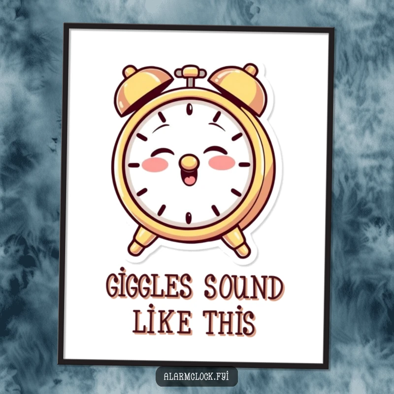 Funny poster of a giggling alarm clock character with a mischievous grin, playfully ringing its bell, perfect for a fun-filled atmosphere.