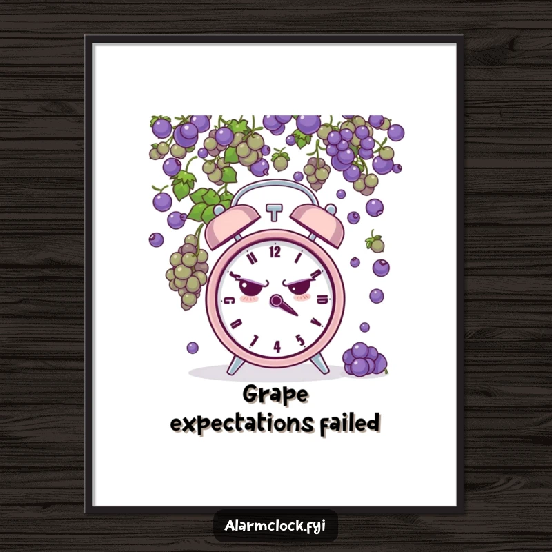 Funny poster print of a grumpy alarm clock being hit by tiny grapes, creating humorous wall art for relatable frustration.