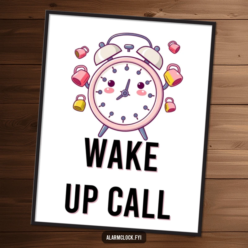 Funny Poster: An artistic alarm clock character juggling numerous tiny, festive alarm bells, creating a lively scene.