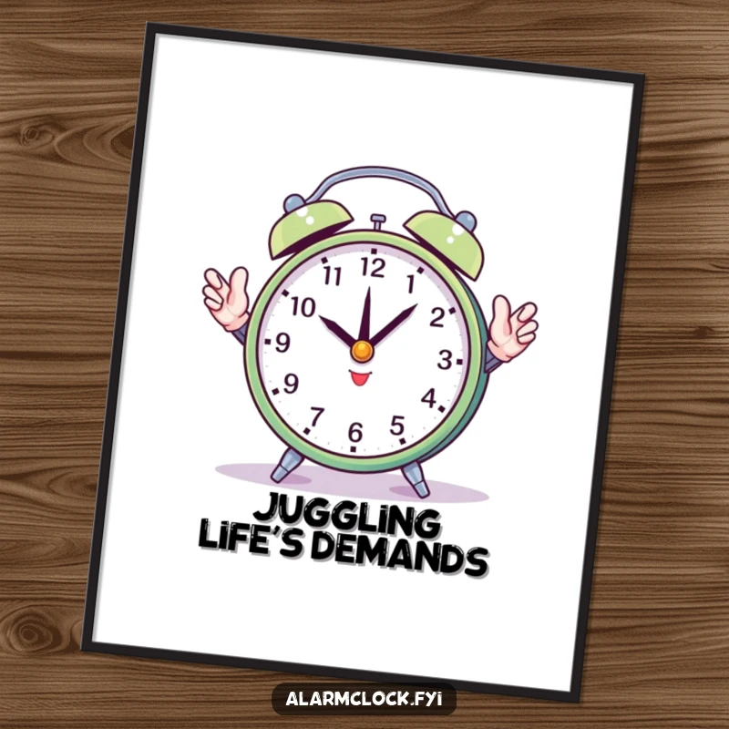 Funny poster print of a round alarm clock struggling to juggle its hands, creating humorous wall art for busy individuals.
