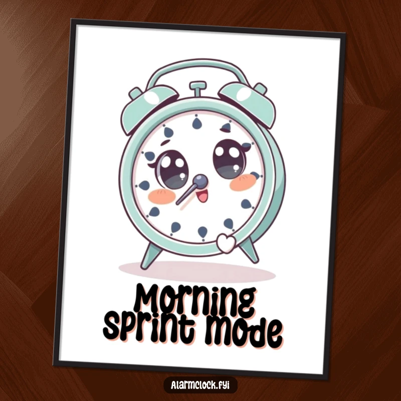 Funny poster of a character with wide eyes, dramatically jumping away from a ringing alarm clock.