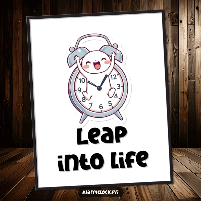 Funny poster art of a cheerful character joyfully leaping out of an alarm clock, creating a lively and energetic atmosphere.