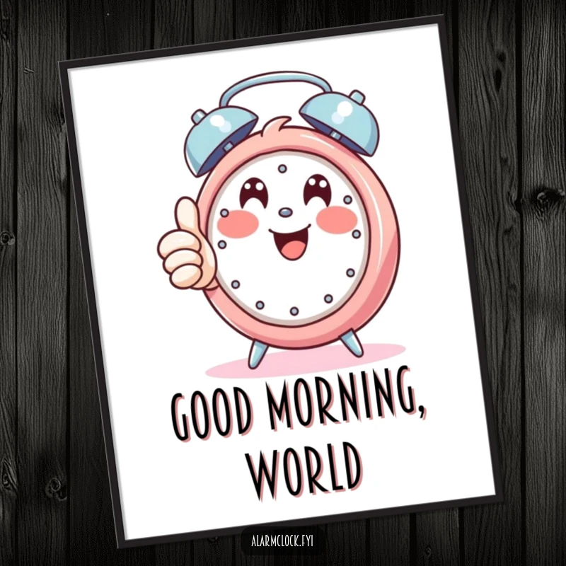Funny poster of a happy character giving a thumbs up while a loud alarm clock rings, promoting positivity and cheerful morning routines.