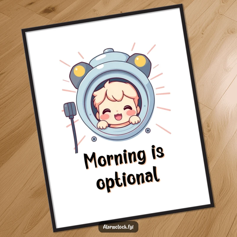 Funny poster featuring a smiling character playfully peeking from behind a massive, blaring alarm clock, creating a whimsical morning scene.