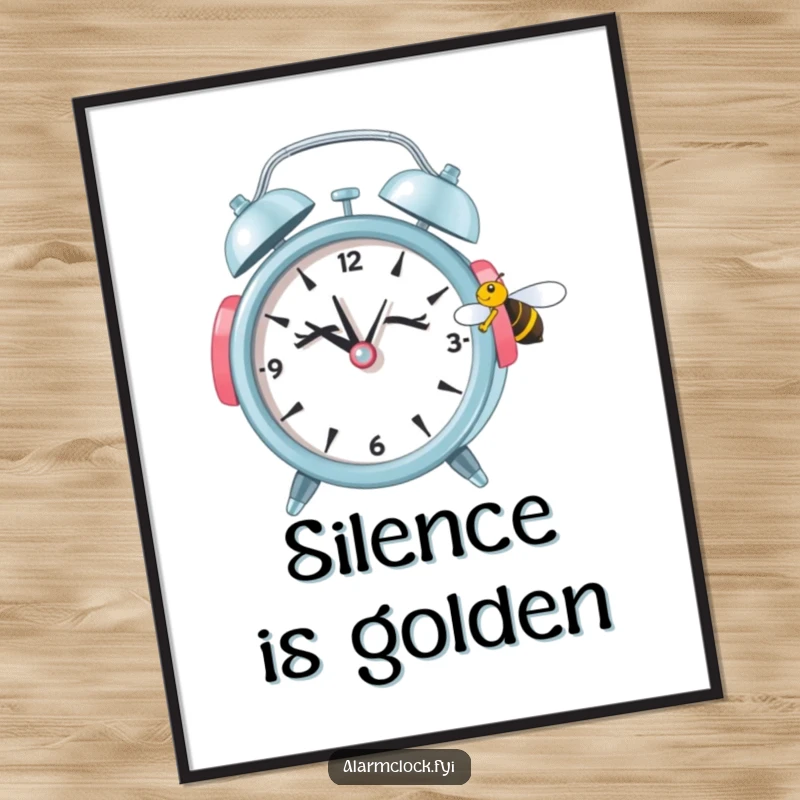 Funny poster featuring a sleepy alarm clock with earmuffs ignoring a buzzing bee, creating humorous wall art for peace lovers.