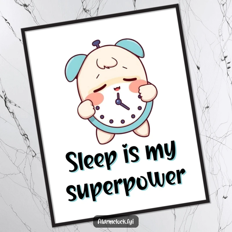 Funny poster of a sleepy character groggily smacking an alarm clock, capturing the relatable humor of morning reluctance.