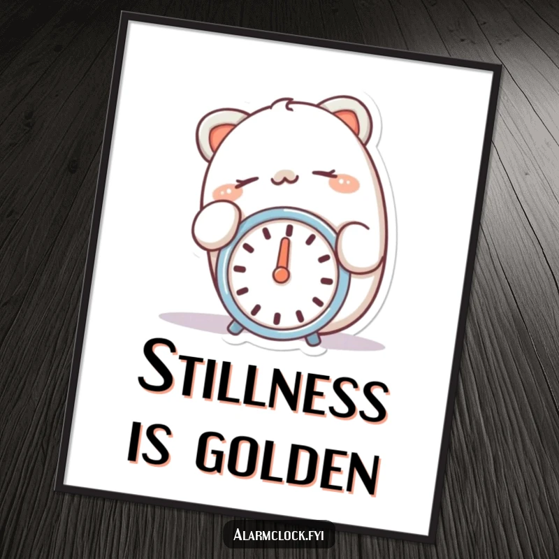 Funny poster of a happy character peacefully snoozing with a finger on a silent alarm clock.