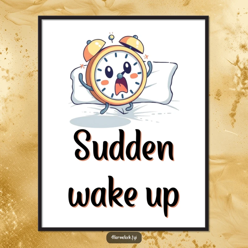 Funny poster of a startled alarm clock character leaping energetically from bed, eyes wide with surprise and a comical expression.