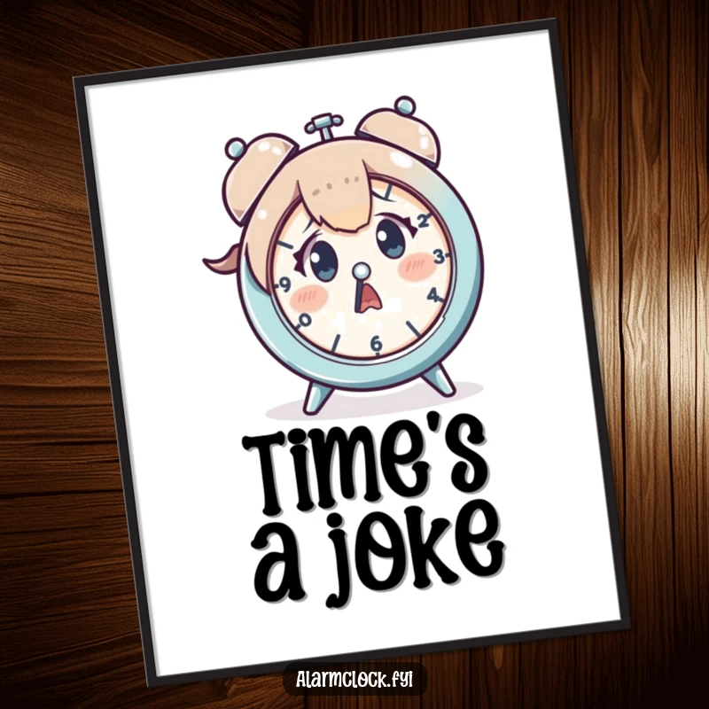 Funny poster displaying a character in utter shock before a clock, a humorous representation of everyday time pressure.