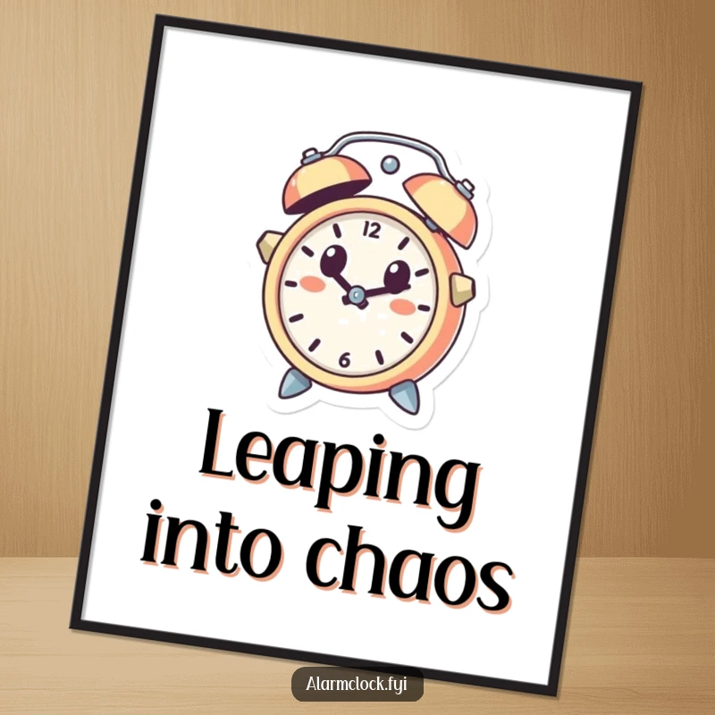 Funny poster art of a cute alarm clock character leaping out of a bell with a wide-eyed, startled expression, perfect for humorous wall decor.