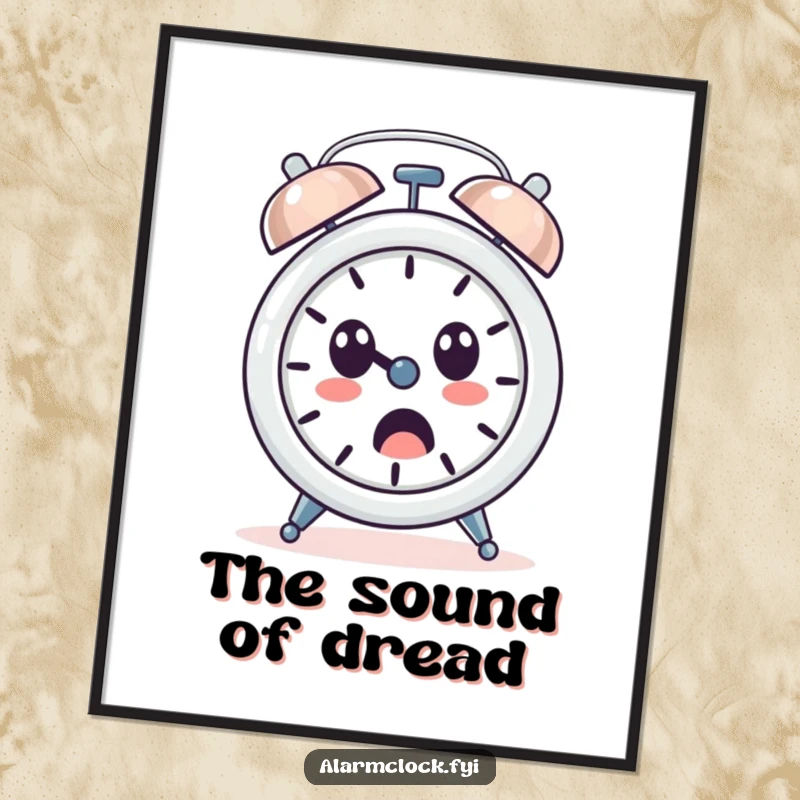 Funny poster of a loudly ringing alarm clock character with a surprised face, capturing the shock of sudden wakefulness.