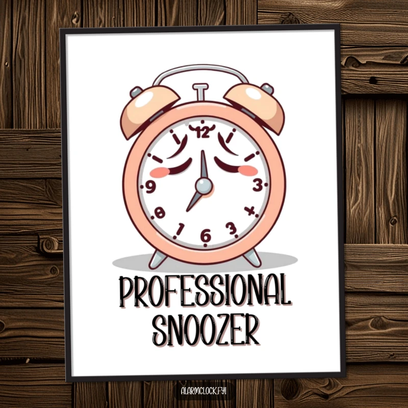 Funny poster print of a tired character reluctantly hitting the snooze button on an alarm clock, depicting morning reluctance.