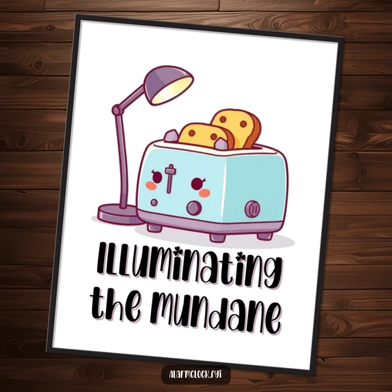 Funny poster illustrating a toaster attempting to toast bread using a desk lamp, a whimsical and humorous piece of art.
