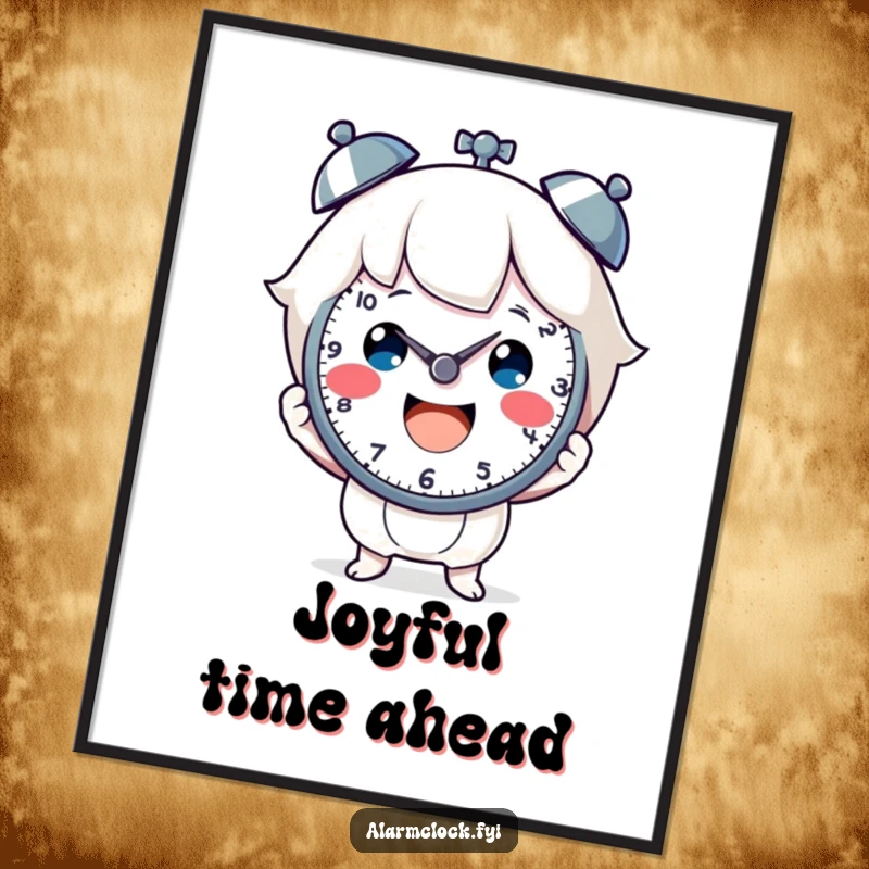 Funny poster featuring a cheerful character holding a clock face, symbolizing happiness and celebrating time. A delightful funny gift.