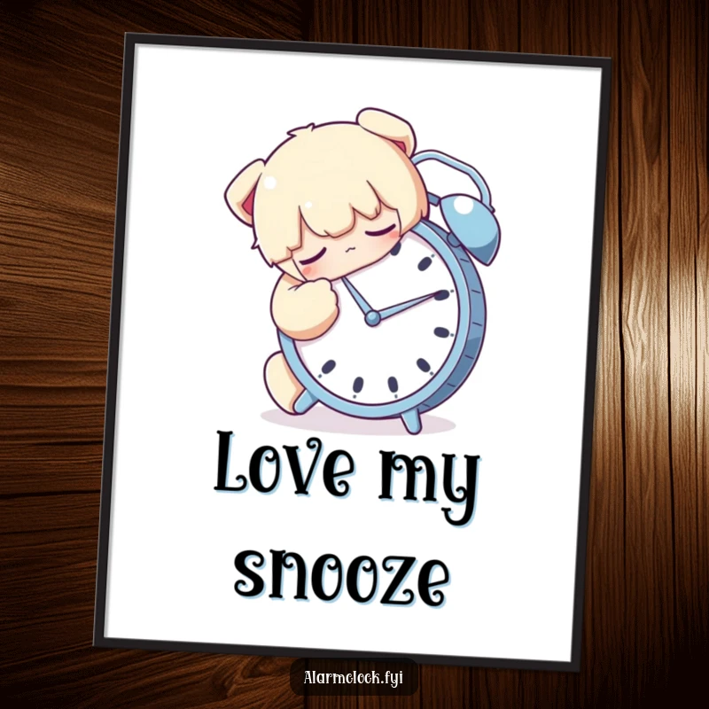 Funny poster of a character sleeping while tightly hugging an alarm clock, conveying a sense of deep, peaceful sleep.