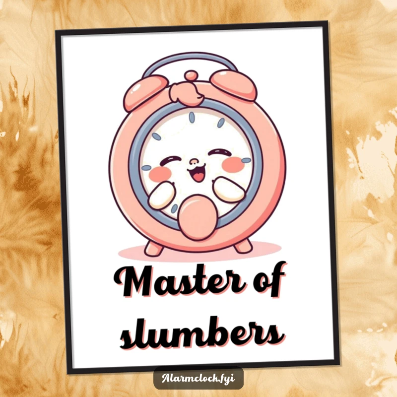 Funny poster of a giggling character playfully mashing a snooze button, adding humor and charm to wall art.