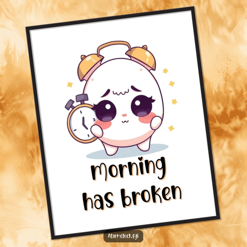 Funny Sleepy Surprise Poster: Cute character’s wide, sleepy eyes jolted open by a jarring alarm clock sound.