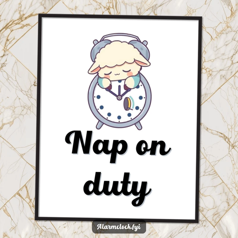 Funny poster depicting a sleepy sheep in pajamas attempting to snooze on an alarm clock, a humorous and charming bedroom decoration.