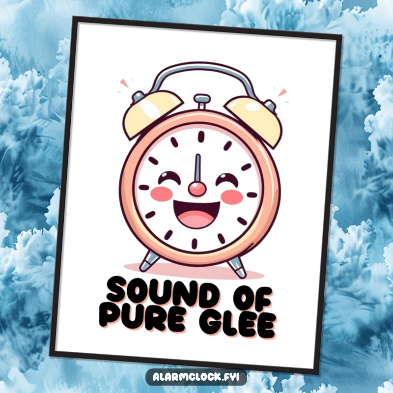 Funny poster art of a smiling alarm clock character ringing loudly with cheerful energy, ideal for spreading joy and humor.