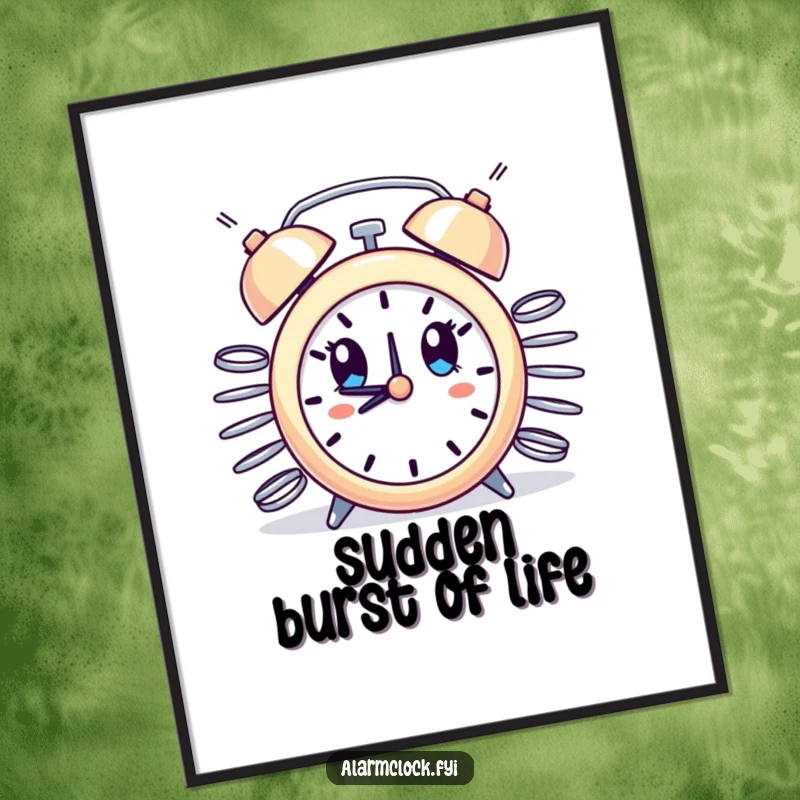 Funny poster print of an alarm clock with springs erupting from its sides, wide-eyed in comical surprise and humor.