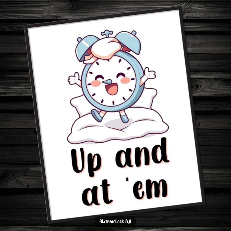 Funny poster of a vibrant, cheerful character leaping joyfully out of bed to the sound of an alarm clock, capturing morning excitement.