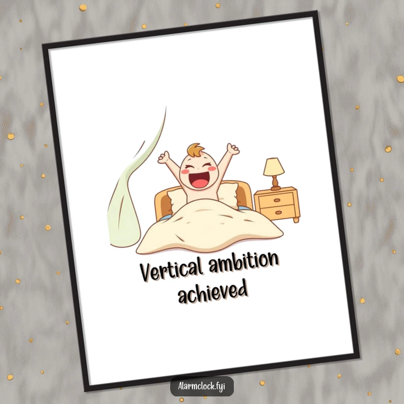 Funny poster of an ecstatic character enthusiastically jumping out of bed, adding vibrant energy to wall art.