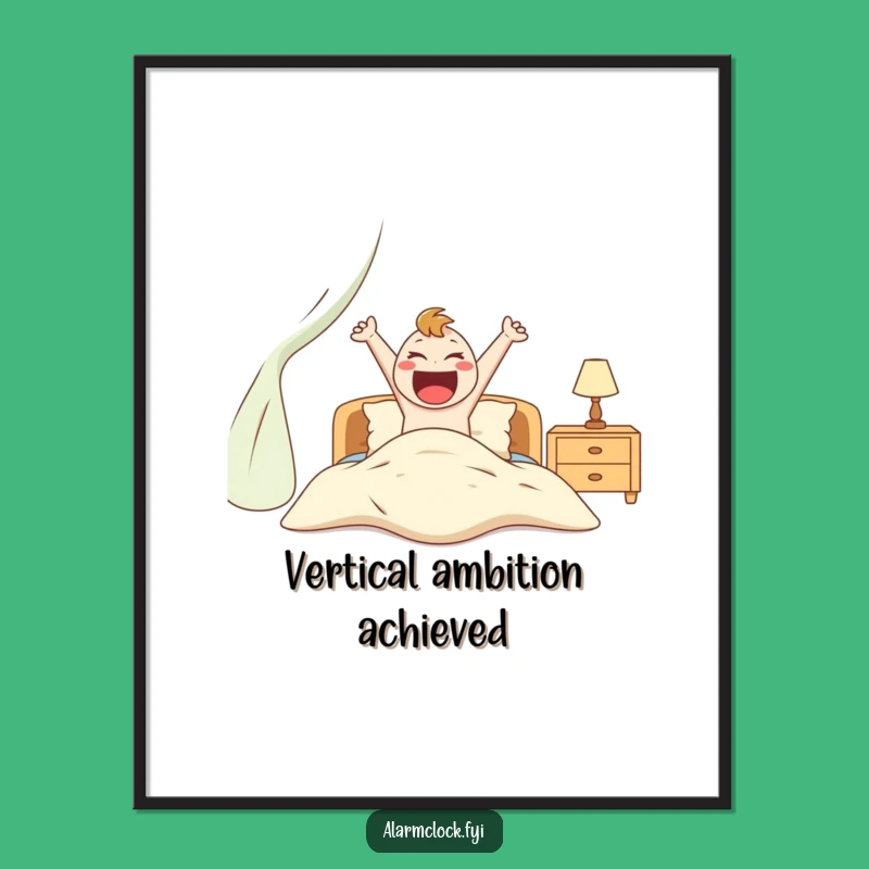 Funny Excited Character Jumping Out of Bed Poster, Wall Art Humorous Gift for Motivated Decor