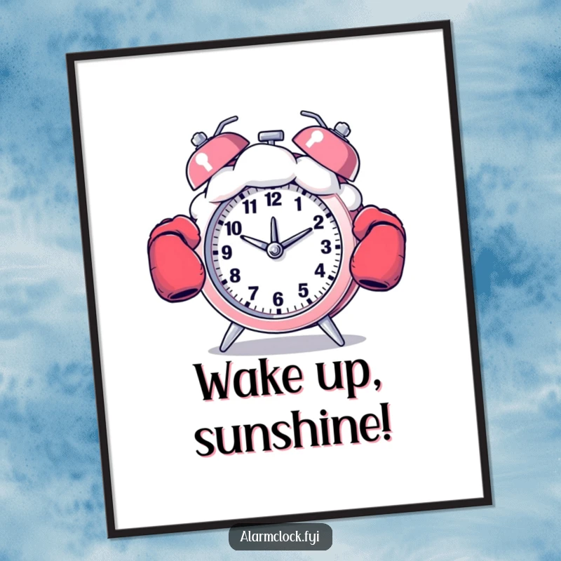 Funny poster illustrating an alarm clock with boxing gloves punching a cloud, capturing a humorous morning battle.