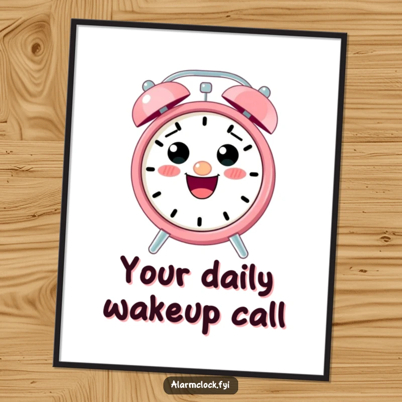 Funny alarm clock poster featuring a cute, excited alarm clock character ringing loudly, adding a humorous touch to decor.