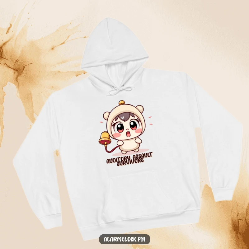 Funny hoodie with a cute character's comically large eyes expressing shock as a loud bell rings, perfect for screen readers.