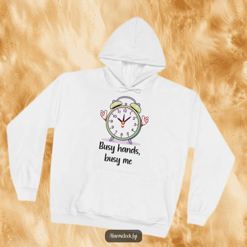 Funny hoodie print of a round alarm clock juggling its hands, symbolizing busy schedules and a humorous take on time management.