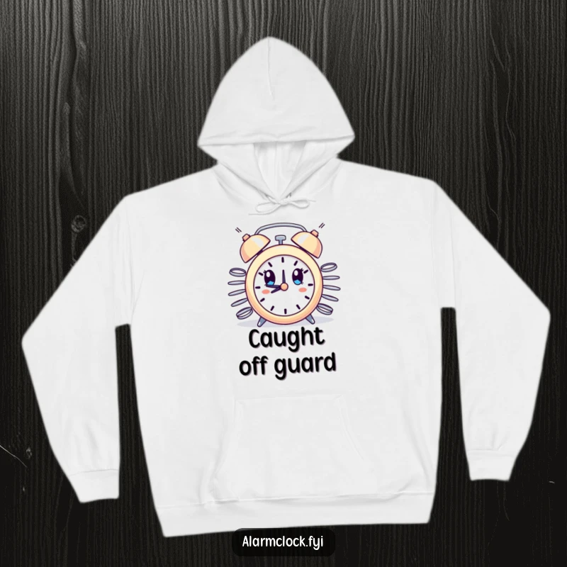Funny hoodie print of an alarm clock with erupting springs, wide-eyed in comical surprise, perfect for cozying up.