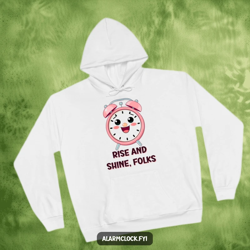 Funny hoodie showcasing an excited alarm clock character ringing loudly, providing warmth and humor for chilly mornings.