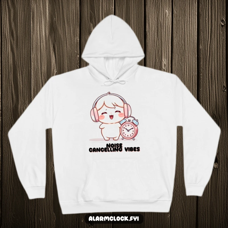 Funny hoodie depicting a giggling character wearing earmuffs while an alarm clock rings nearby.
