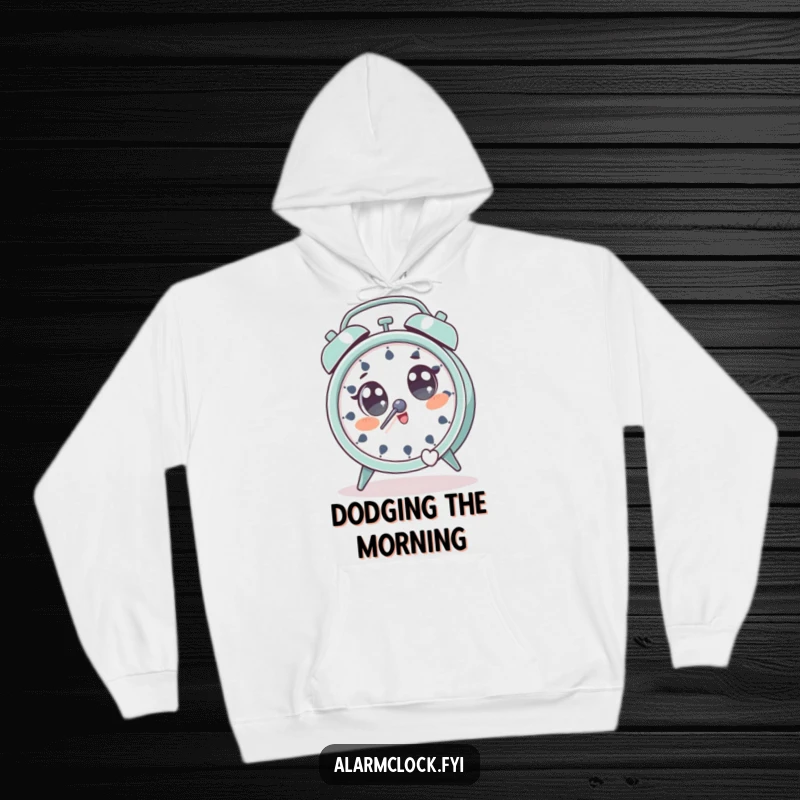 Funny hoodie depicting a startled character with wide eyes, leaping away from a blaring alarm clock.
